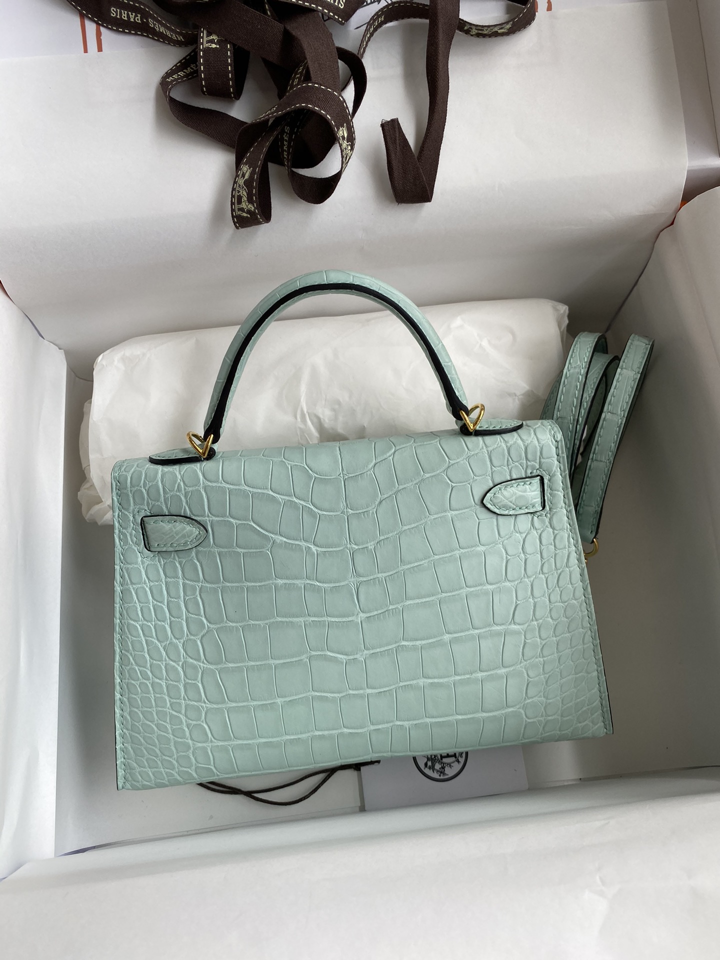 Hermes Kelly Mini II Bag 19CM In Vert D'eau Matte Alligator Leather